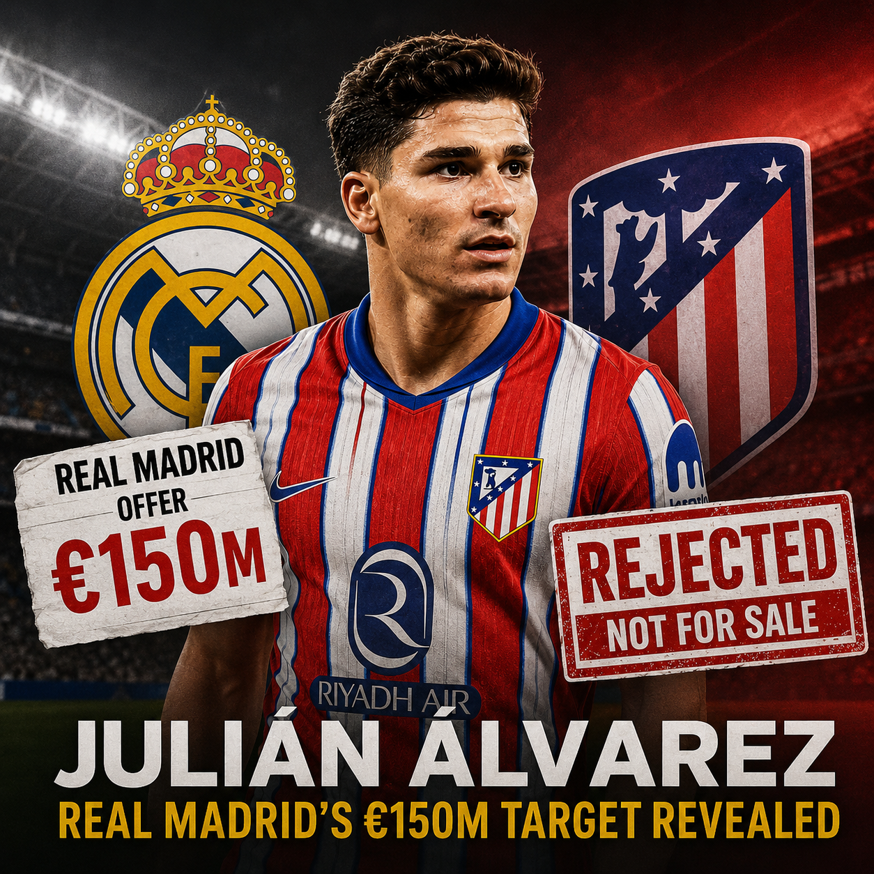 Julián Álvarez transfer concept showing Real Madrid’s €150M bid rejected by Atlético Madrid.