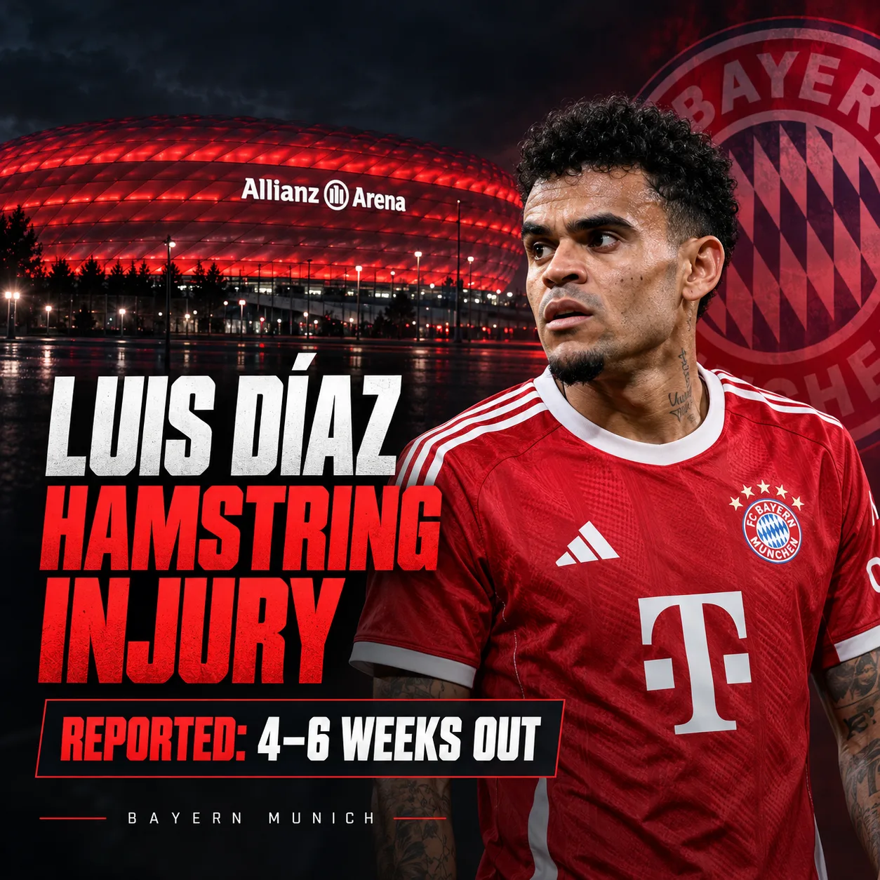 Luis Díaz in Bayern Munich colours following his left hamstring injury against Arsenal in the Champions League
