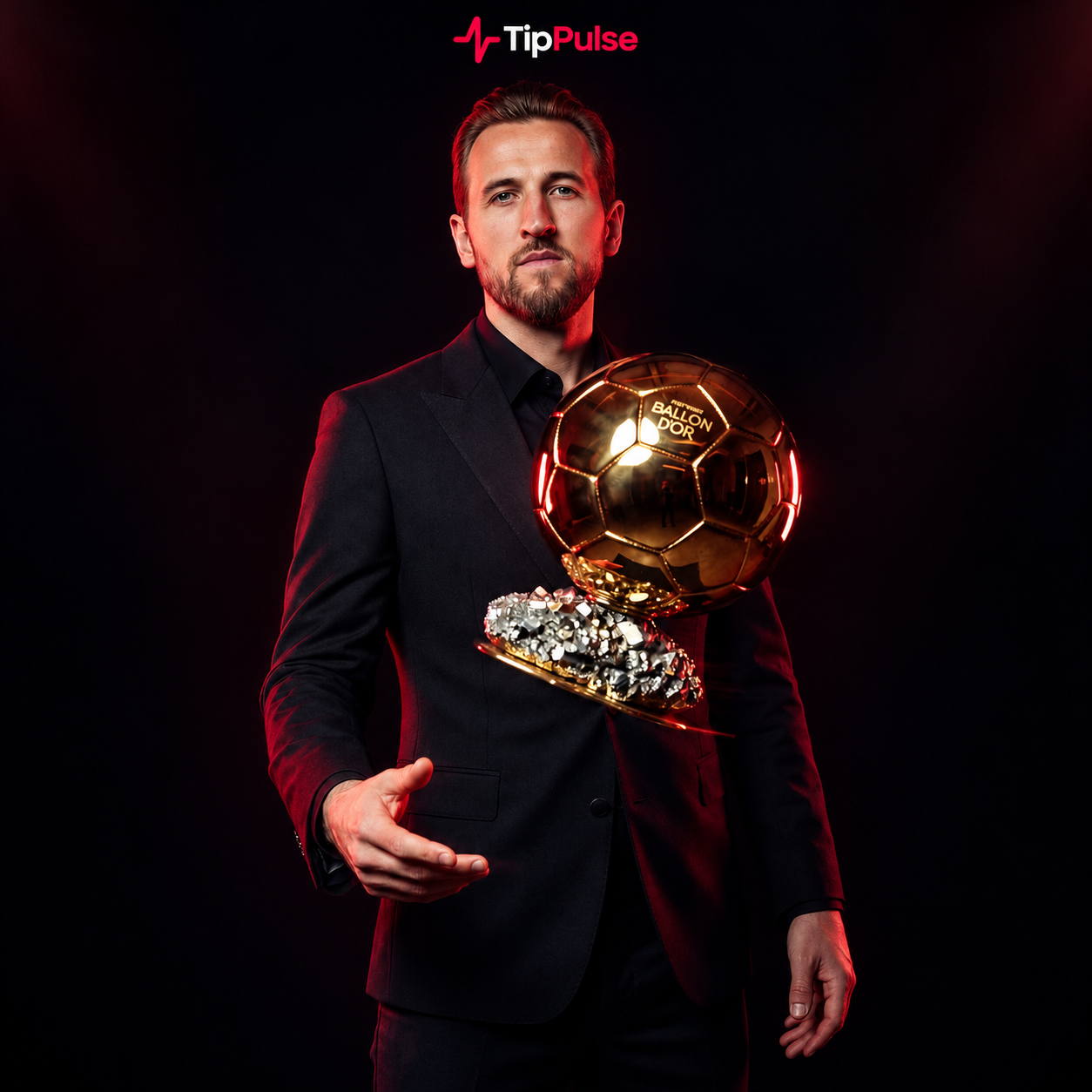 Harry Kane holding the 2026 Ballon d’Or after his outstanding season with Bayern Munich and England