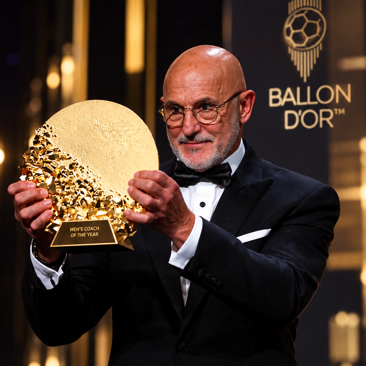Luis de la Fuente celebrates winning the 2026 Ballon d’Or Men’s Coach of the Year award after Spain’s World Cup triumph
